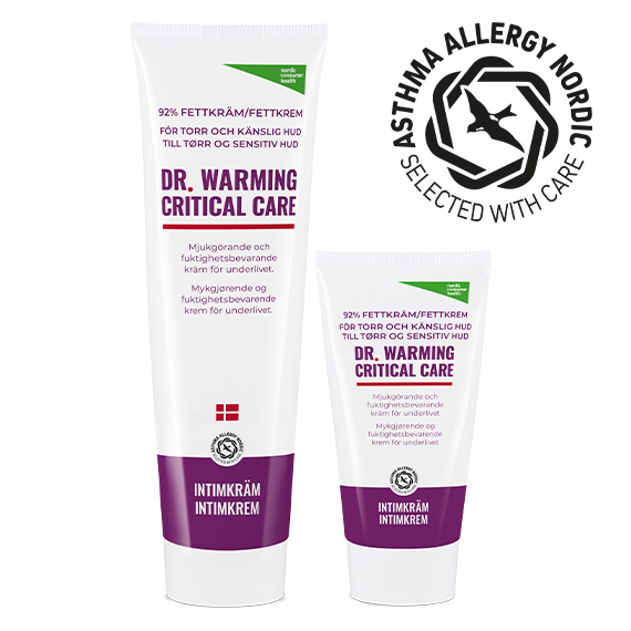 Dr. Warming Critical Care intim krem emballasje og logo Asthma Allergy Nordic
