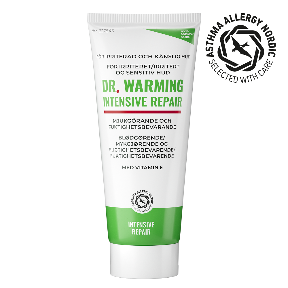 Dr. Warming Intensive Repair emballasje og badge Asthma Allergy Nordic