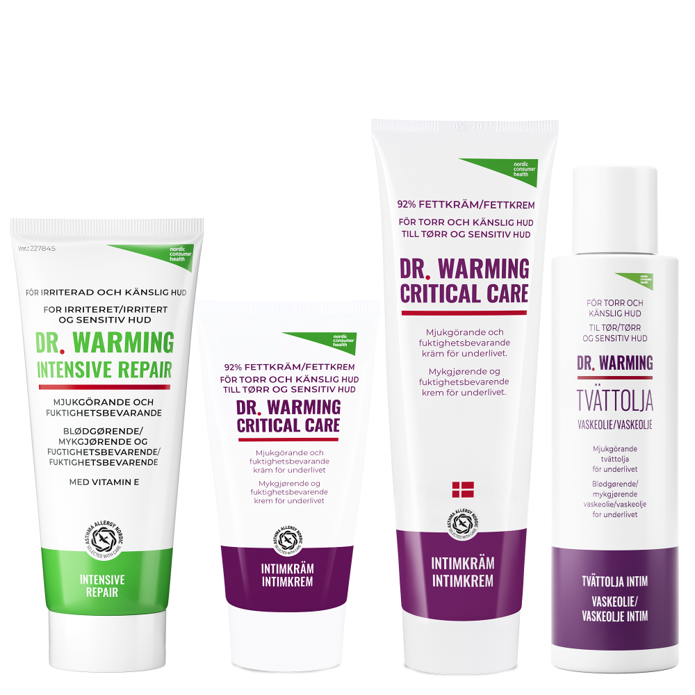 Dr.Warming Intensive Repair, Critical Care intimkrem og Vaskeolje Intim emballasje